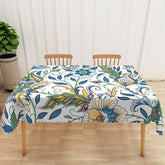 Lofaris Cheerful Floral Rectangle Tablecloth in White Blue and Yellow for Spring French Country Decor